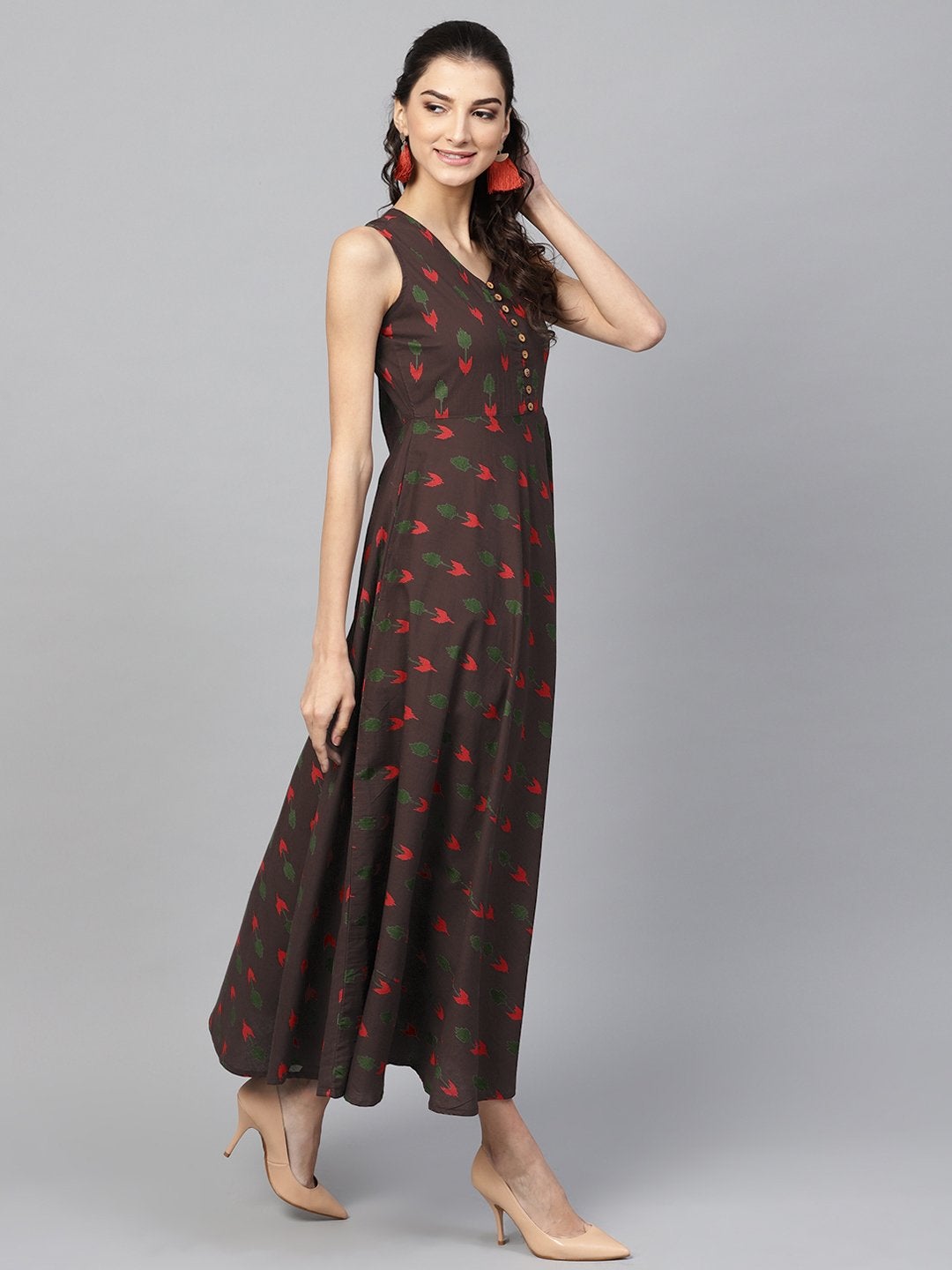 Women's Brown Ikat Sleeveless Flared Maxi - SASSAFRAS