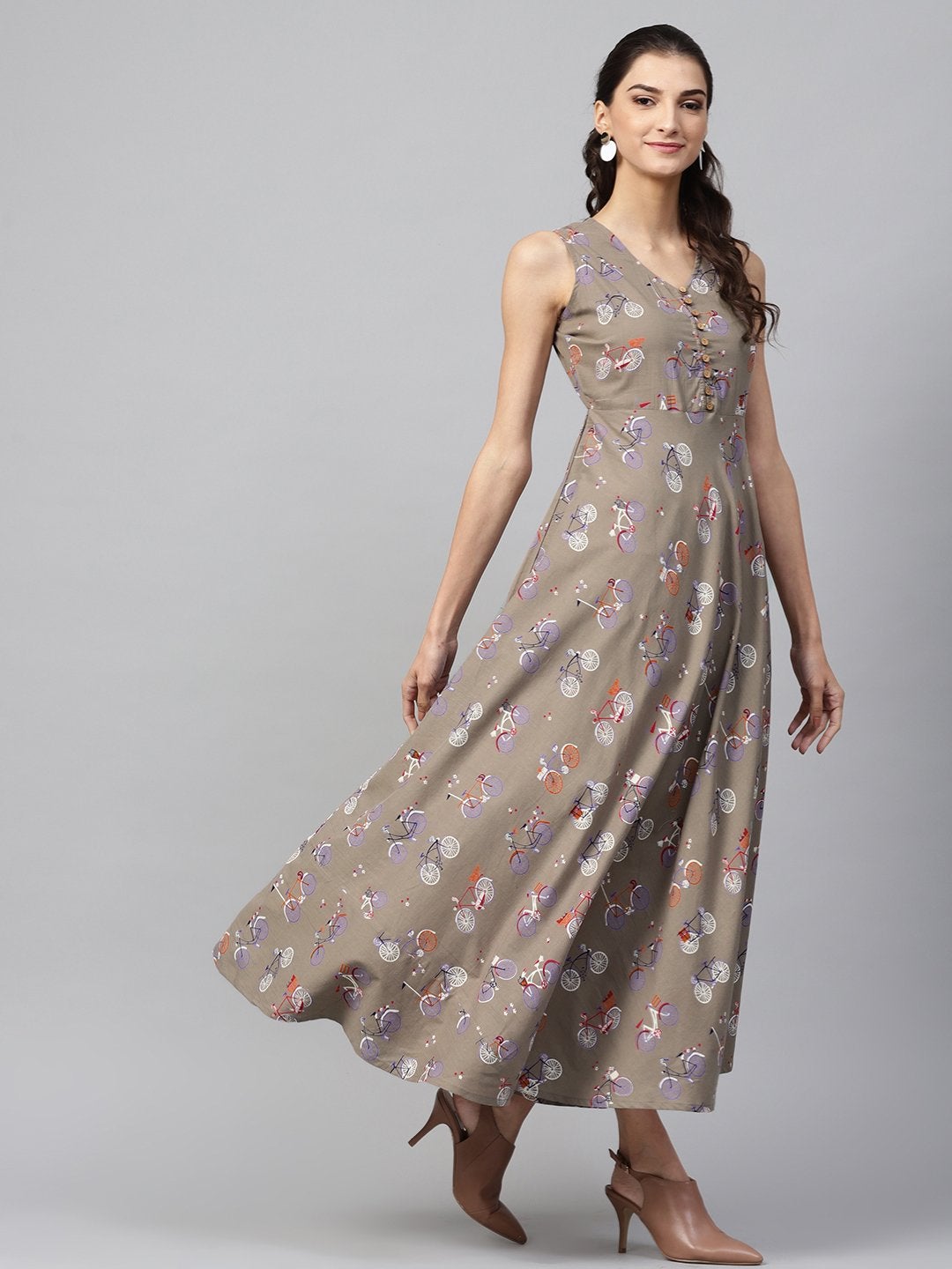 Women's Grey Cycle Print Sleeveless Flared Maxi - SASSAFRAS