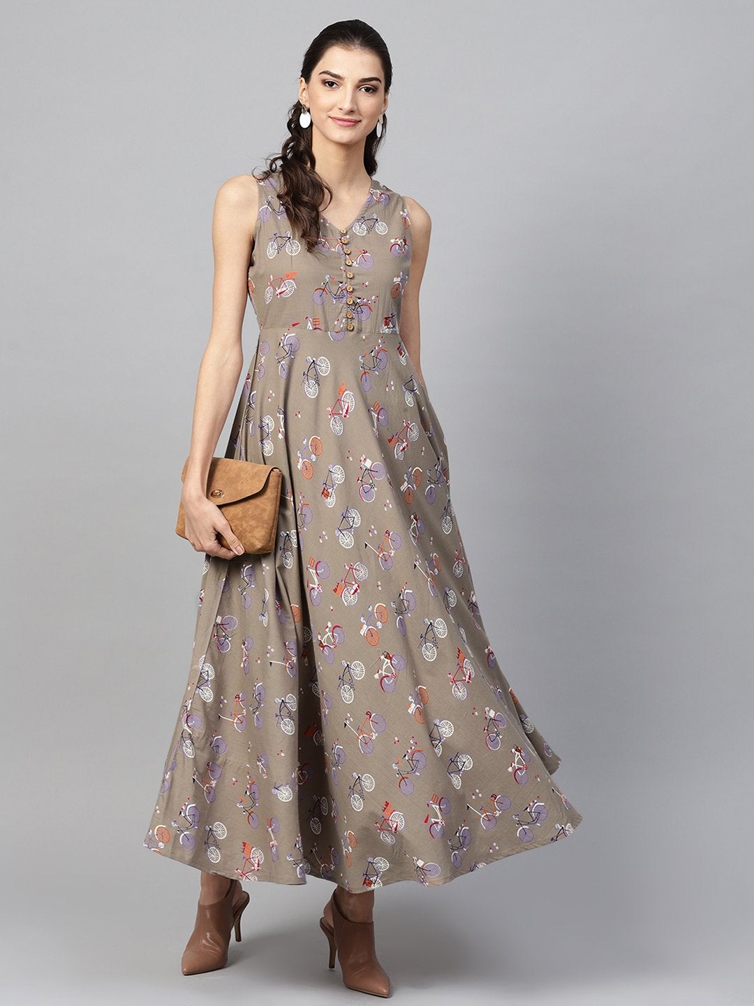 Women's Grey Cycle Print Sleeveless Flared Maxi - SASSAFRAS