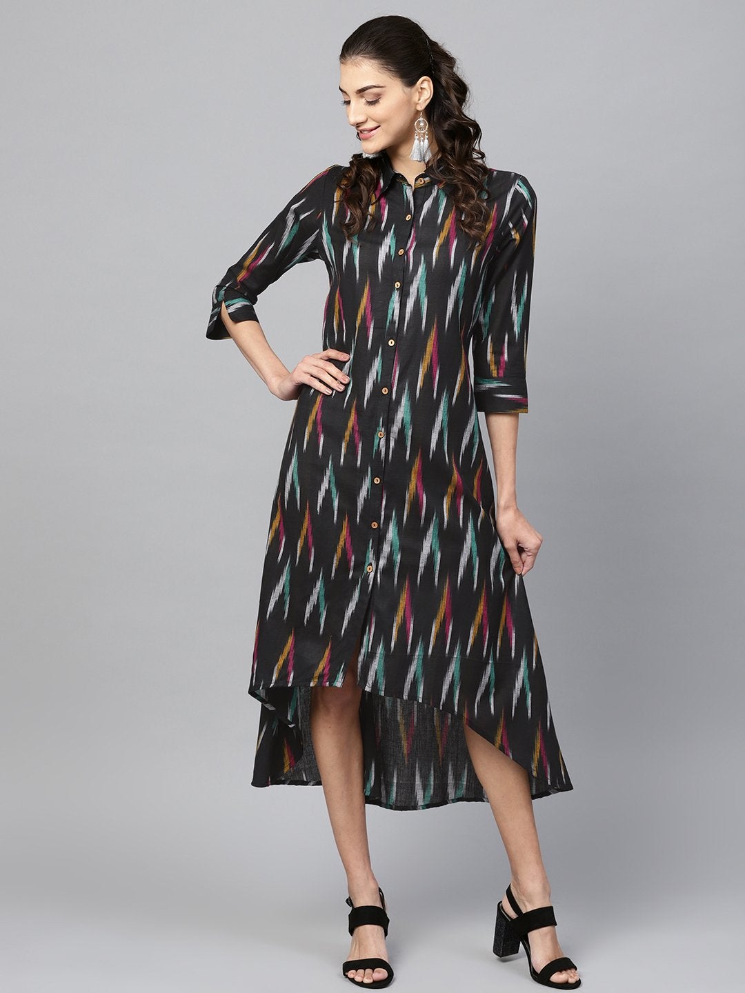 Women's Black Ikat High Low Shirt Dress - SASSAFRAS