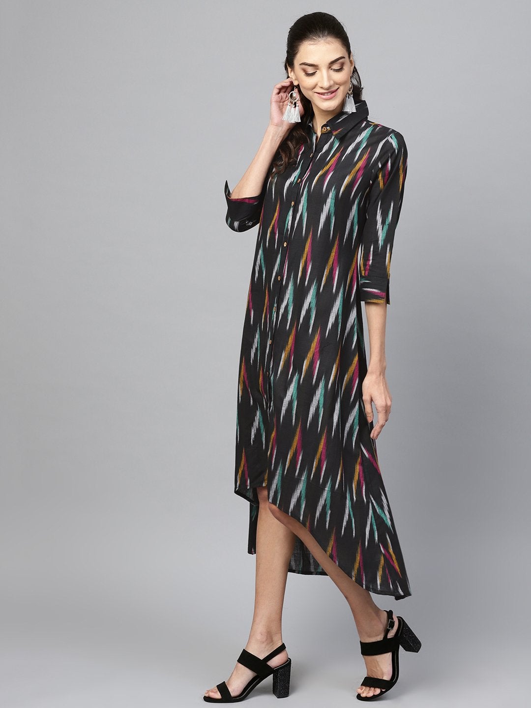 Women's Black Ikat High Low Shirt Dress - SASSAFRAS