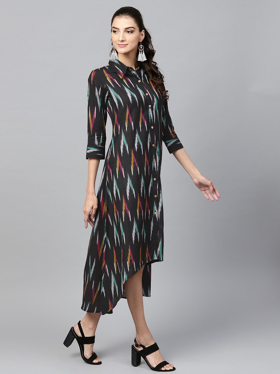 Women's Black Ikat High Low Shirt Dress - SASSAFRAS