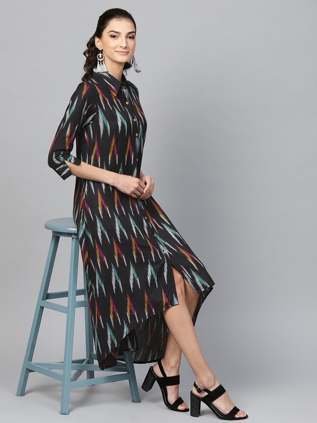 Women's Black Ikat High Low Shirt Dress - SASSAFRAS