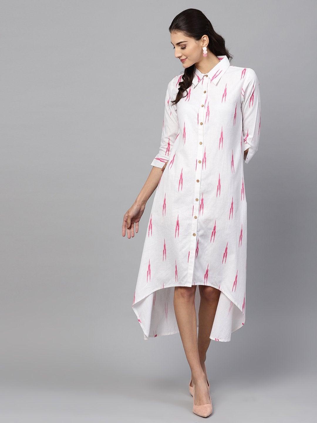 Women's White Ikat High Low Shirt Dress - SASSAFRAS