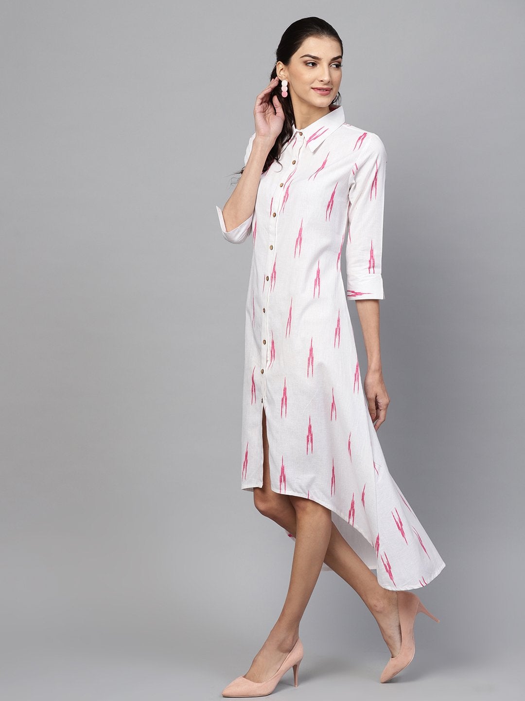 Women's White Ikat High Low Shirt Dress - SASSAFRAS