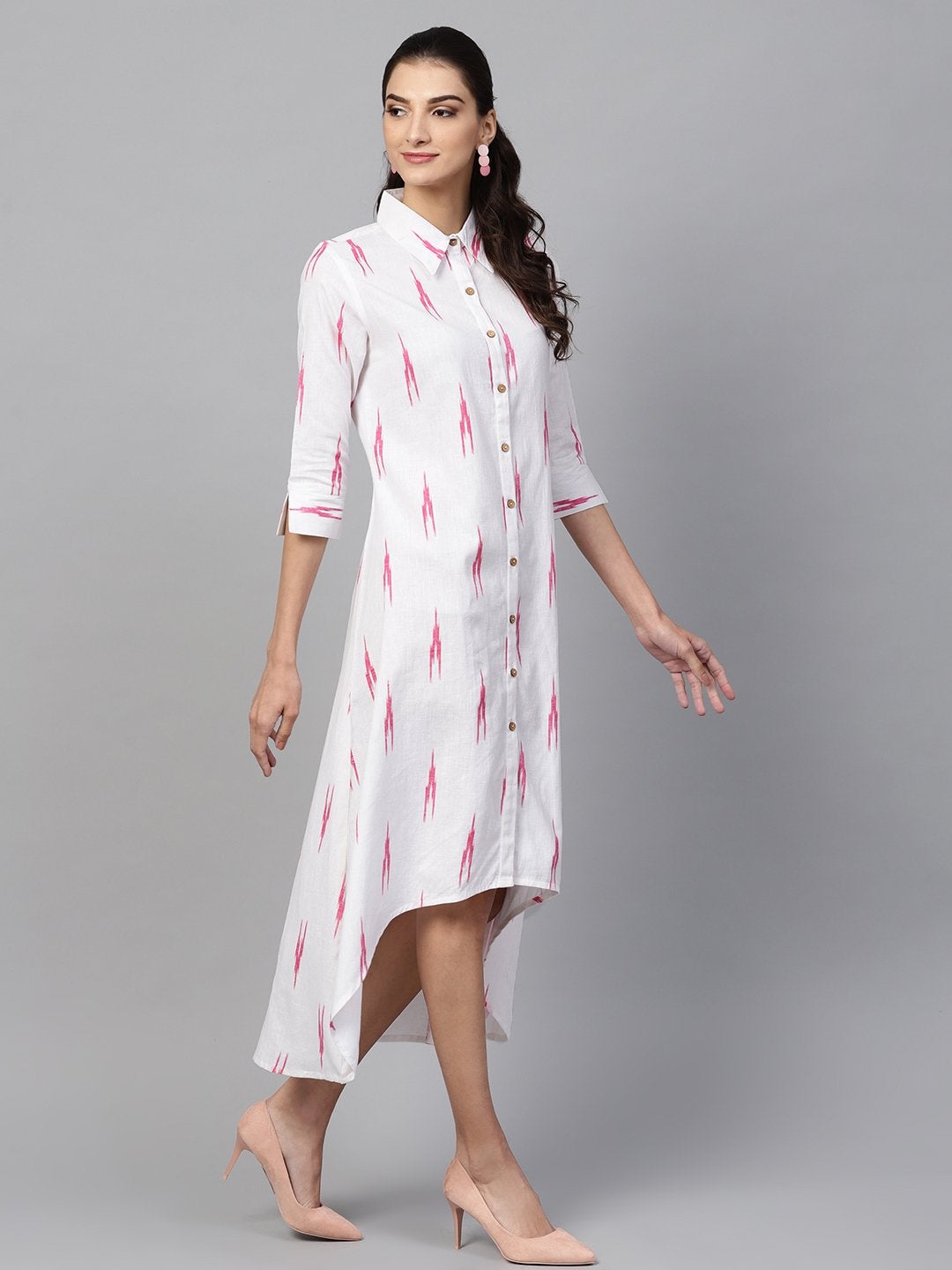 Women's White Ikat High Low Shirt Dress - SASSAFRAS