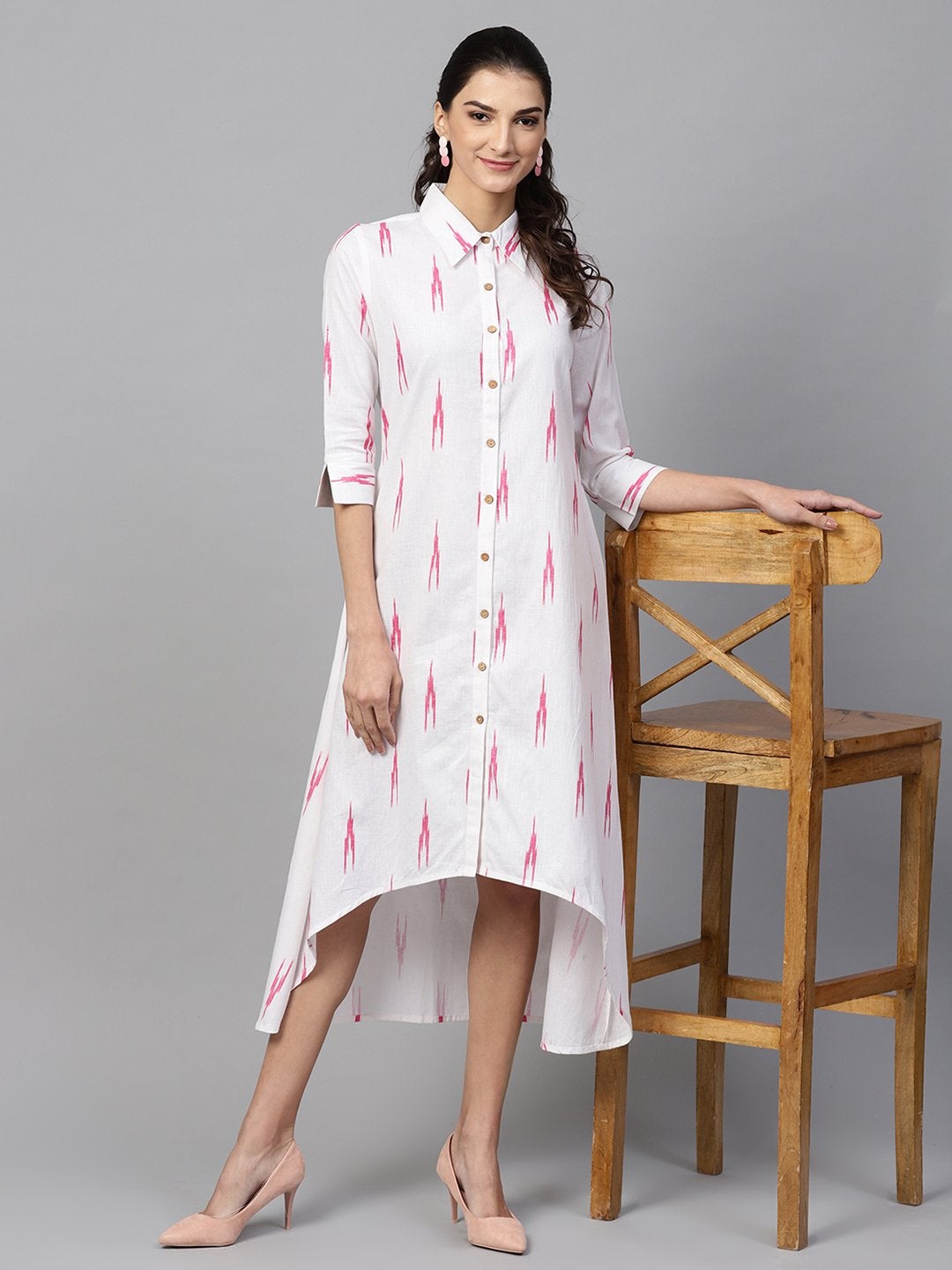 Women's White Ikat High Low Shirt Dress - SASSAFRAS