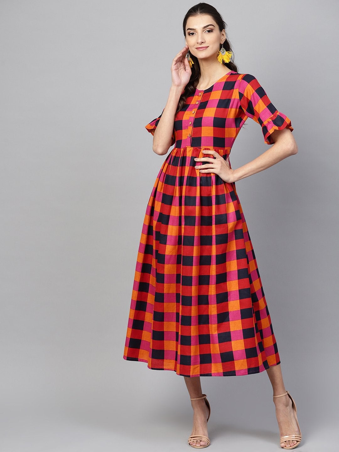 Women's Multi Check Gathered Waist Dress - SASSAFRAS