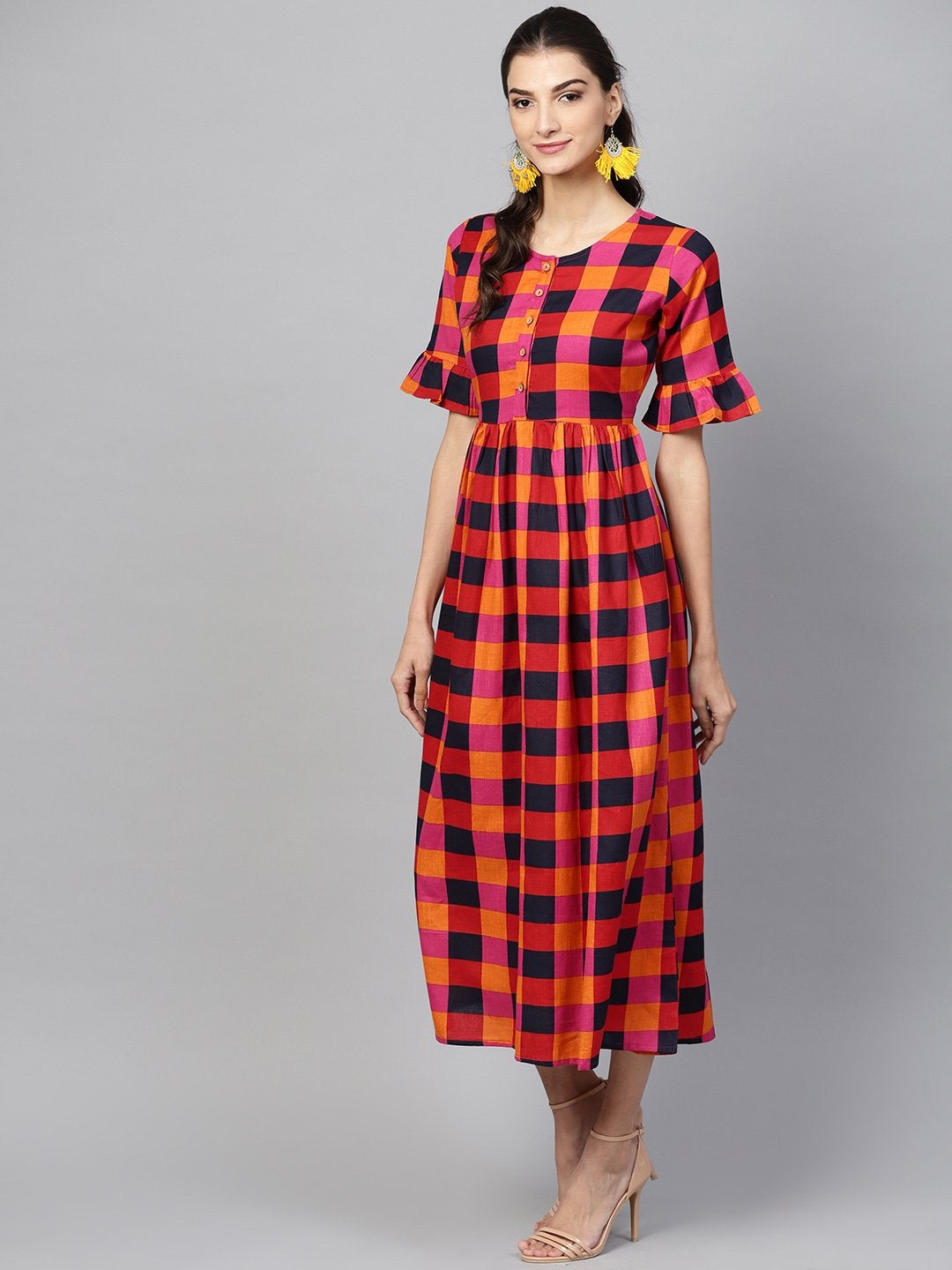 Women's Multi Check Gathered Waist Dress - SASSAFRAS