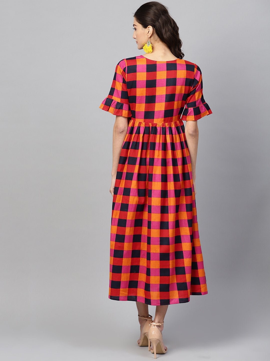 Women's Multi Check Gathered Waist Dress - SASSAFRAS