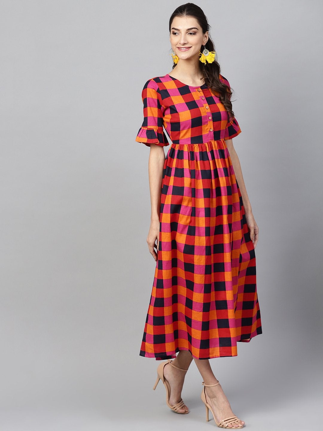 Women's Multi Check Gathered Waist Dress - SASSAFRAS