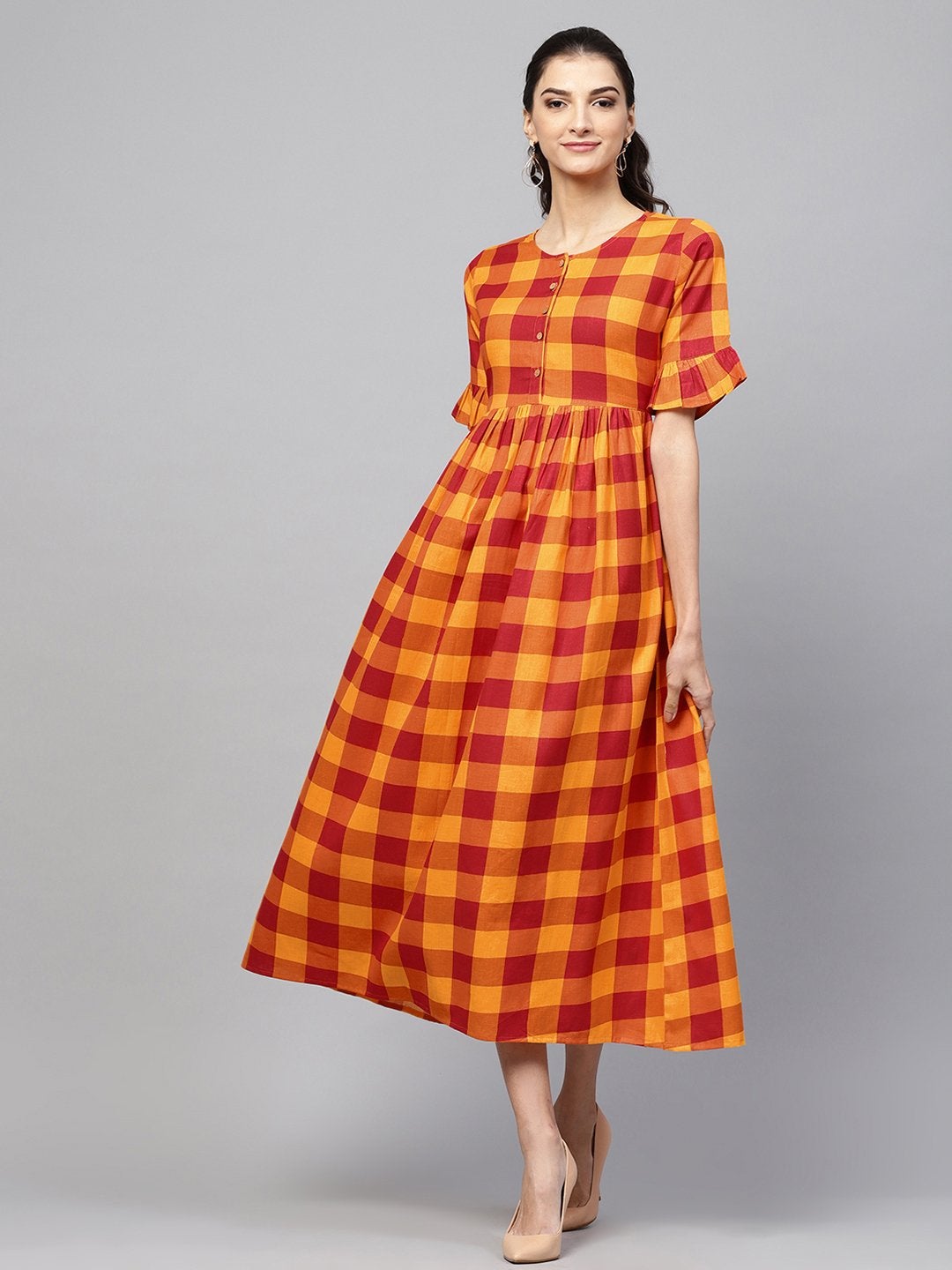 Women's Yellow Check Gathered Waist Dress - SASSAFRAS