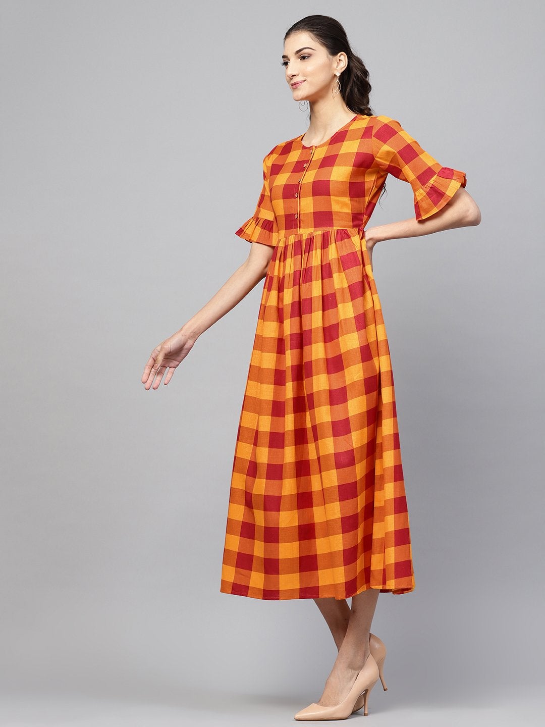 Women's Yellow Check Gathered Waist Dress - SASSAFRAS