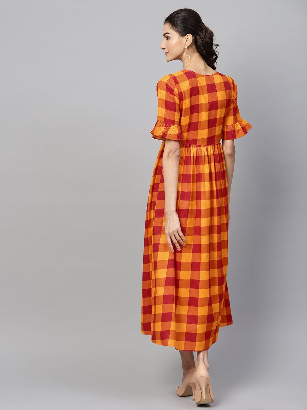 Women's Yellow Check Gathered Waist Dress - SASSAFRAS