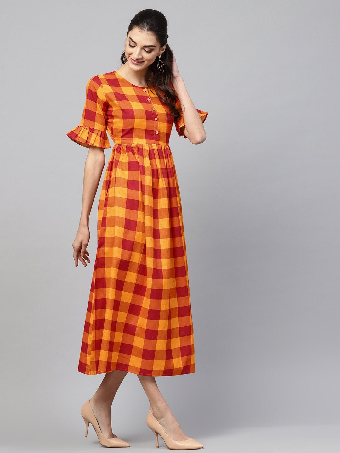 Women's Yellow Check Gathered Waist Dress - SASSAFRAS