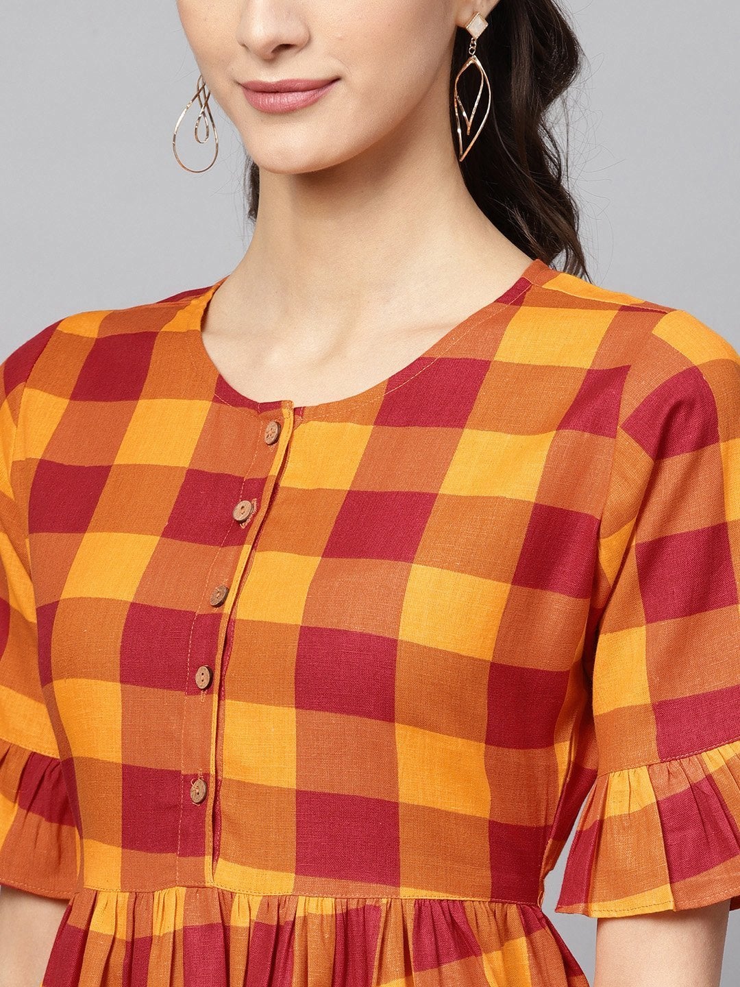 Women's Yellow Check Gathered Waist Dress - SASSAFRAS