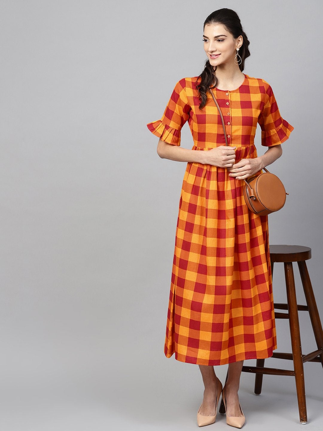 Women's Yellow Check Gathered Waist Dress - SASSAFRAS