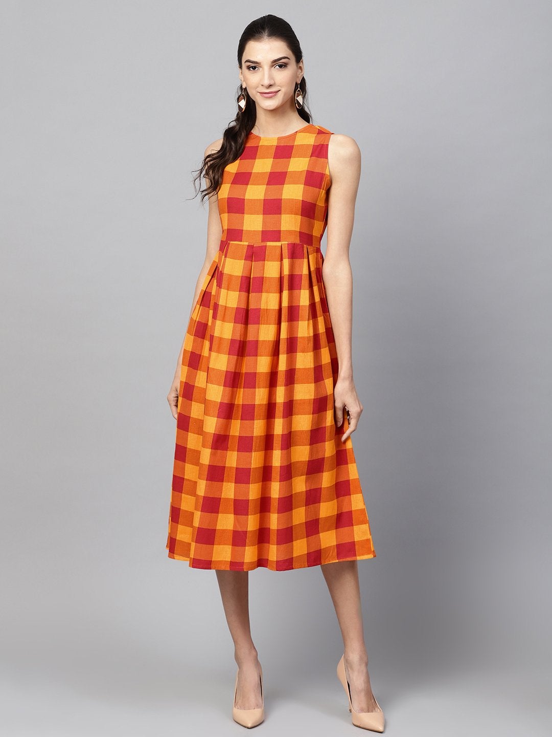 Women's Yellow Check Box Pleat Sleeveless Dress - SASSAFRAS