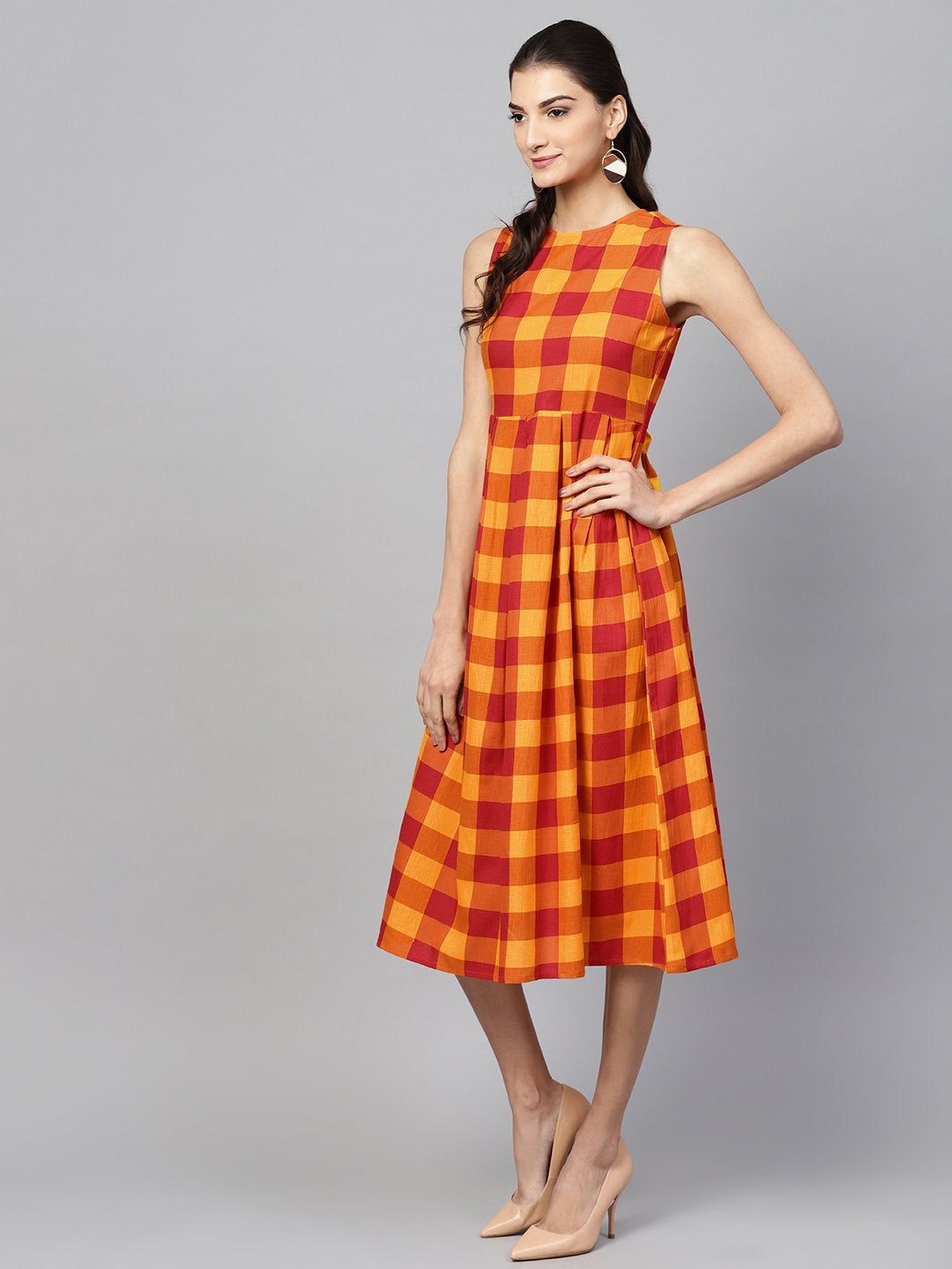 Women's Yellow Check Box Pleat Sleeveless Dress - SASSAFRAS