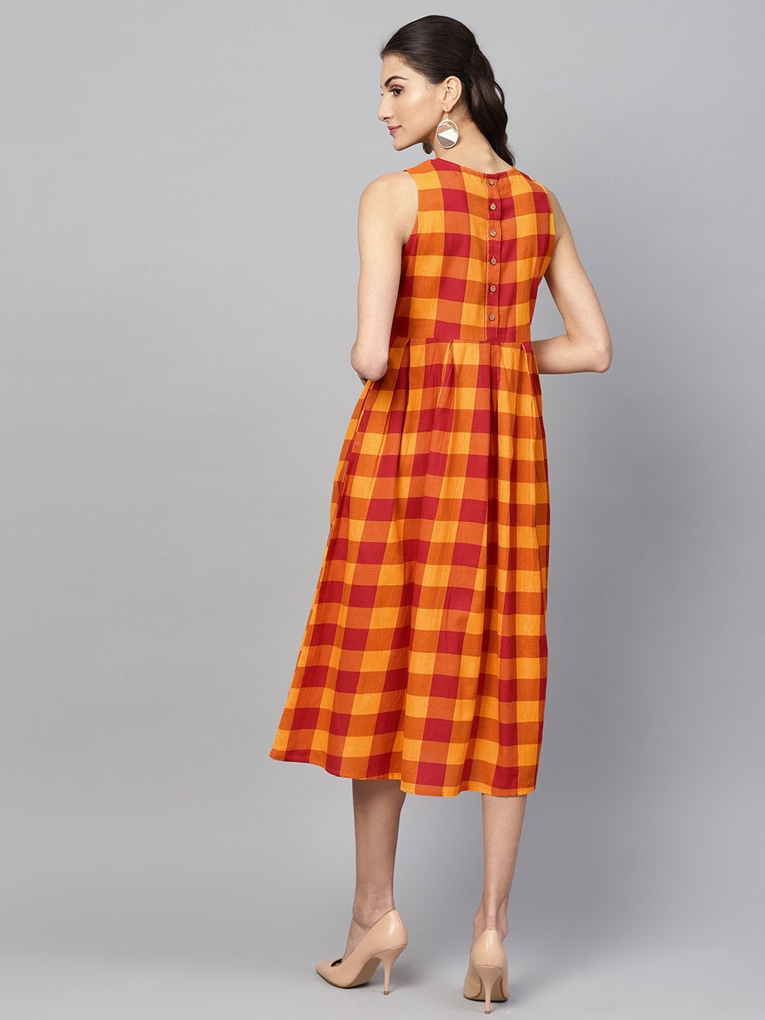 Women's Yellow Check Box Pleat Sleeveless Dress - SASSAFRAS