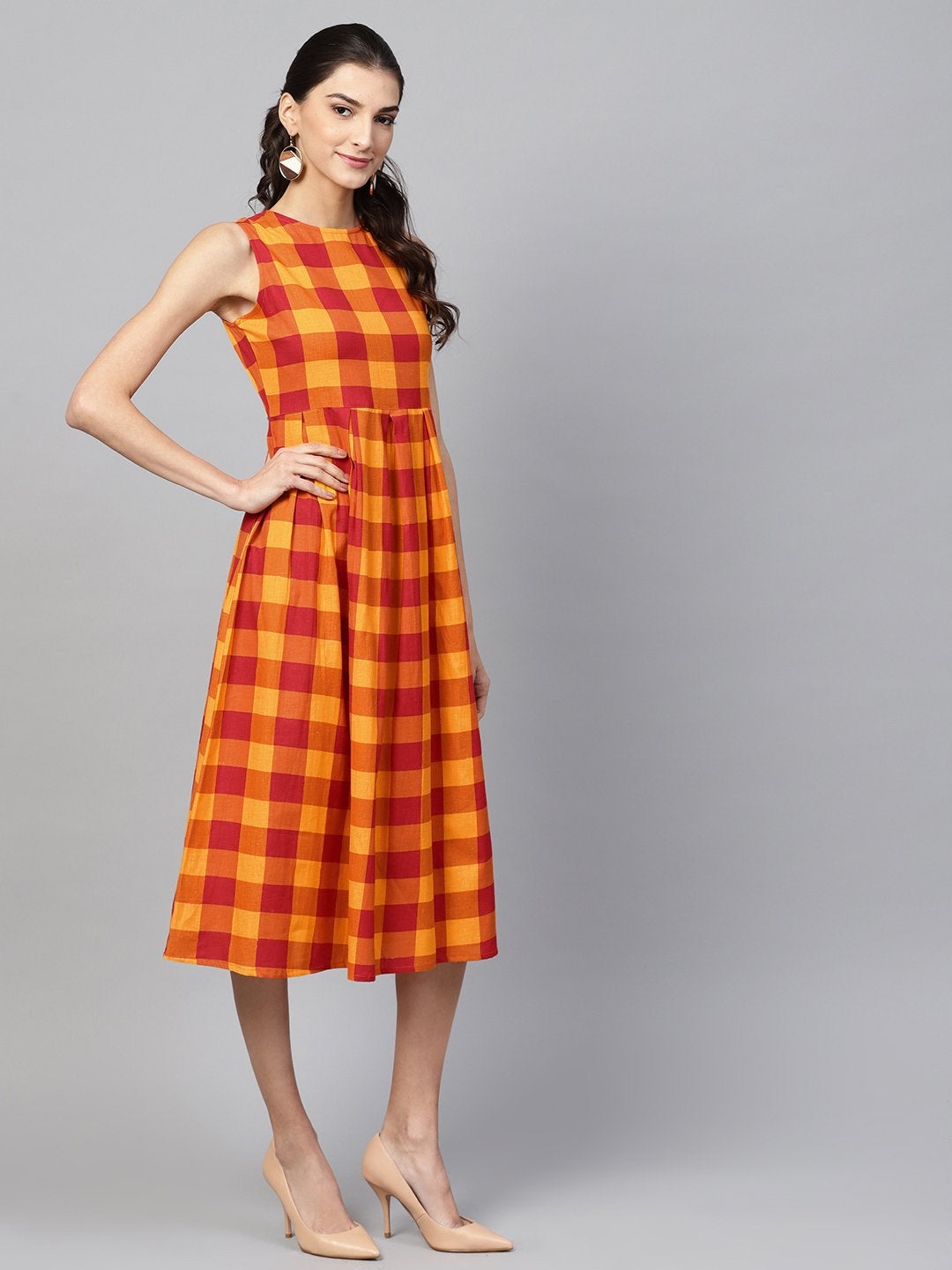 Women's Yellow Check Box Pleat Sleeveless Dress - SASSAFRAS