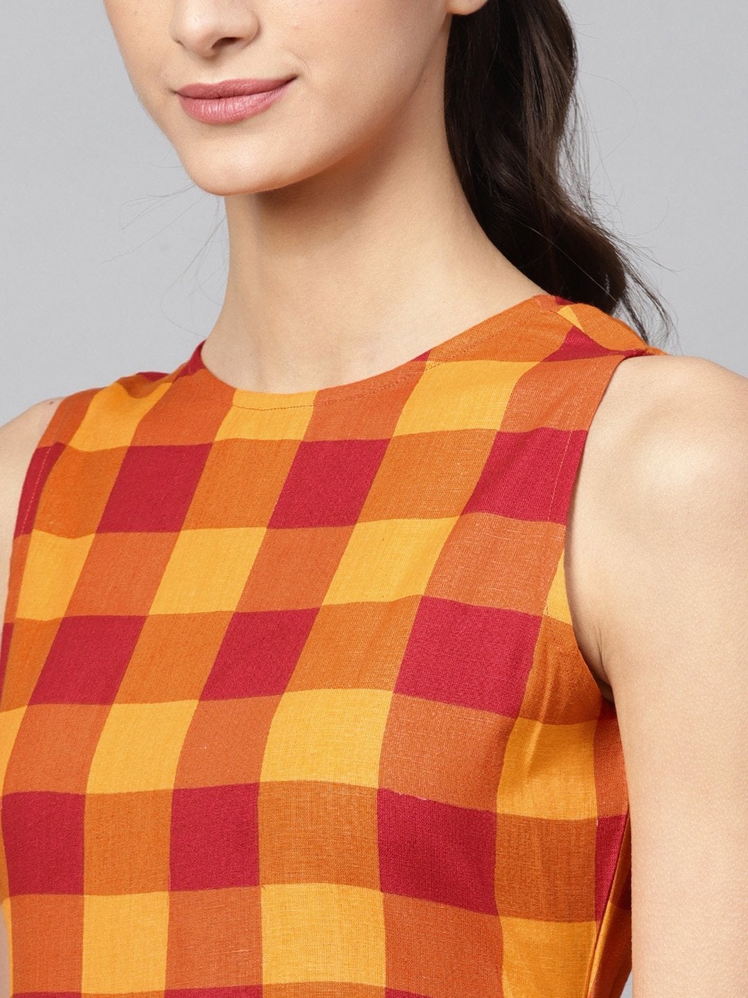 Women's Yellow Check Box Pleat Sleeveless Dress - SASSAFRAS