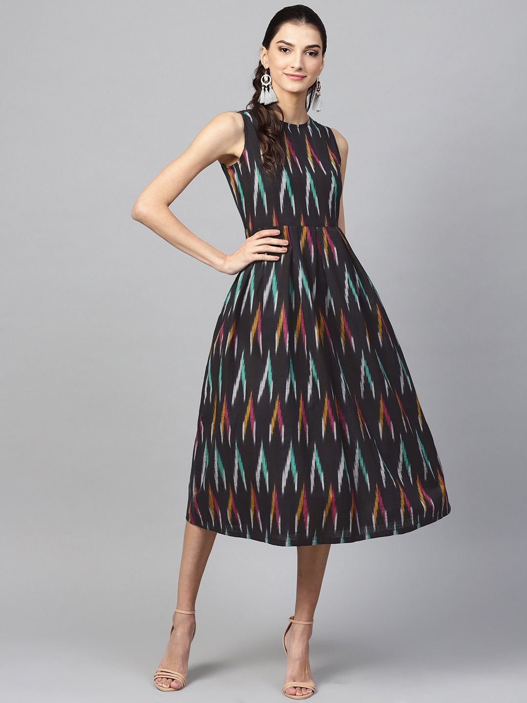 Women's Black Ikat Box Pleat Sleeveless Dress - SASSAFRAS