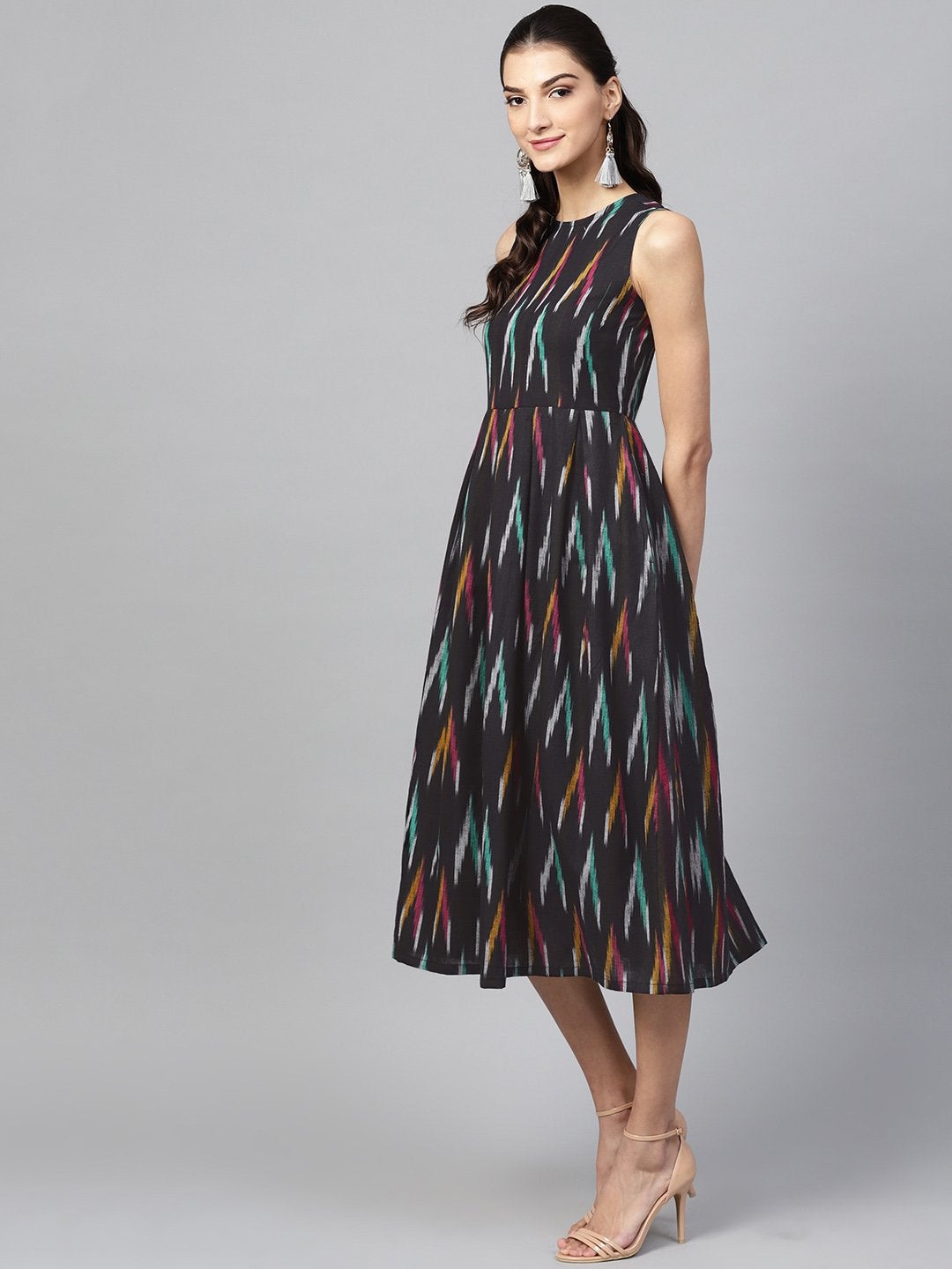 Women's Black Ikat Box Pleat Sleeveless Dress - SASSAFRAS