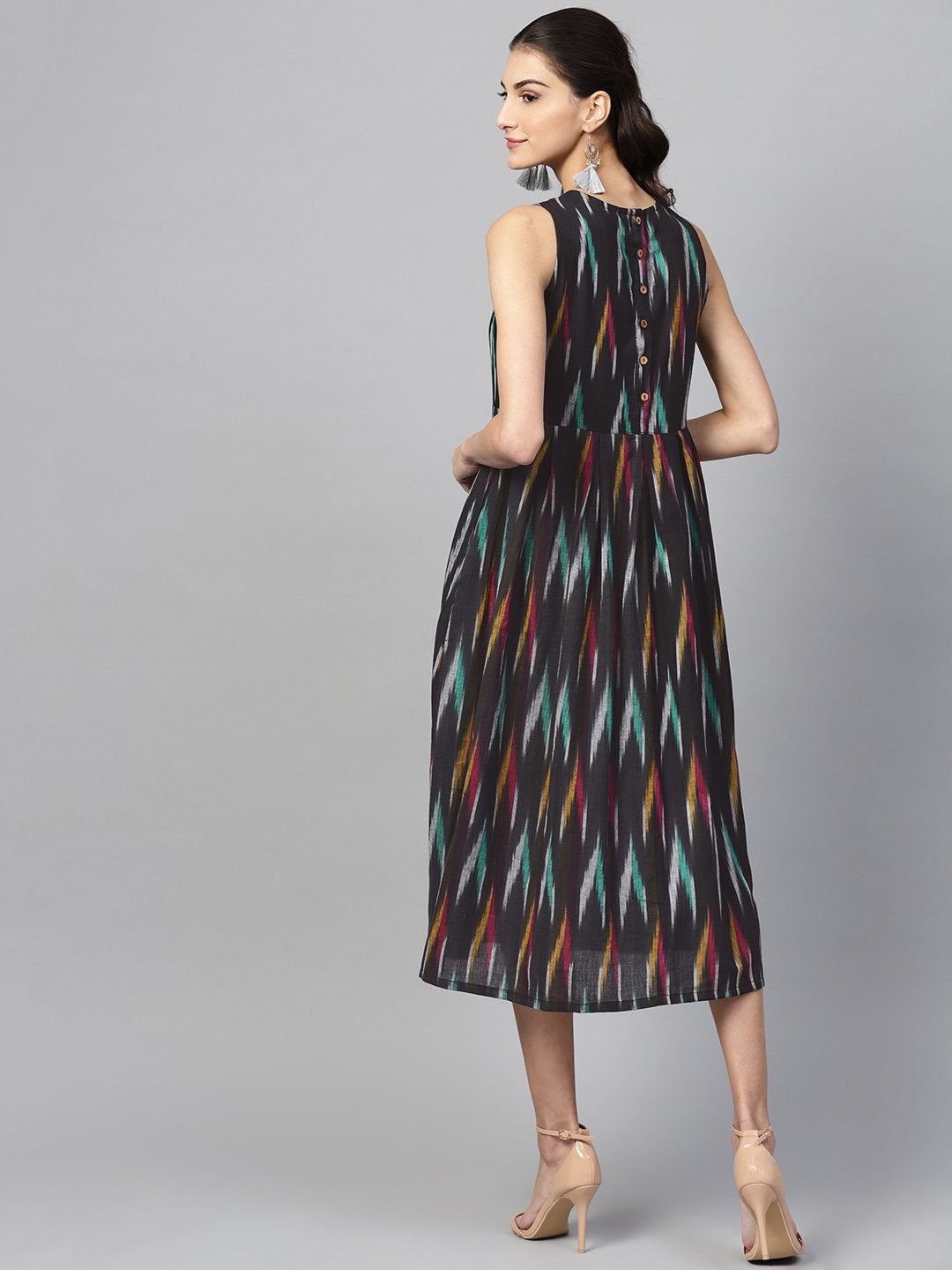 Women's Black Ikat Box Pleat Sleeveless Dress - SASSAFRAS