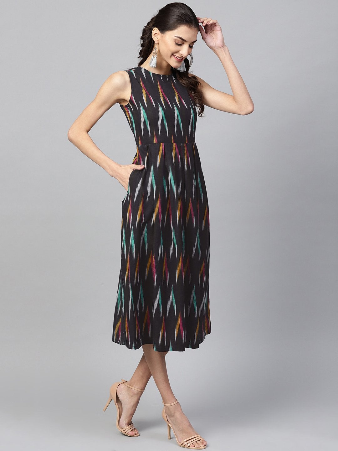 Women's Black Ikat Box Pleat Sleeveless Dress - SASSAFRAS