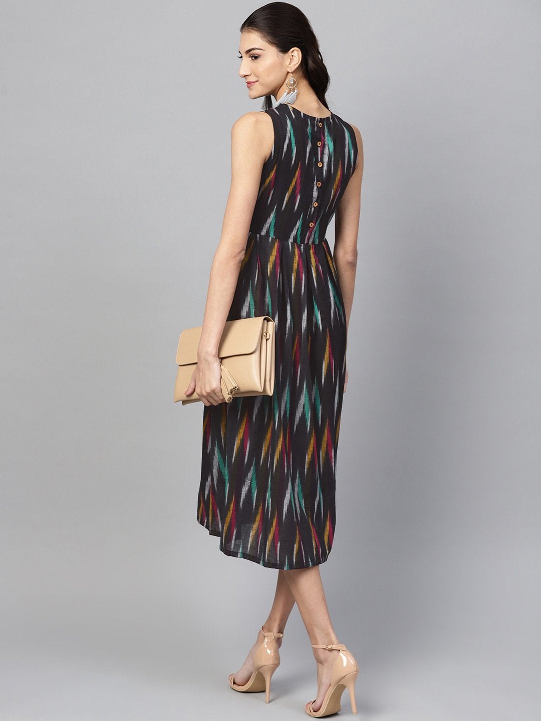 Women's Black Ikat Box Pleat Sleeveless Dress - SASSAFRAS