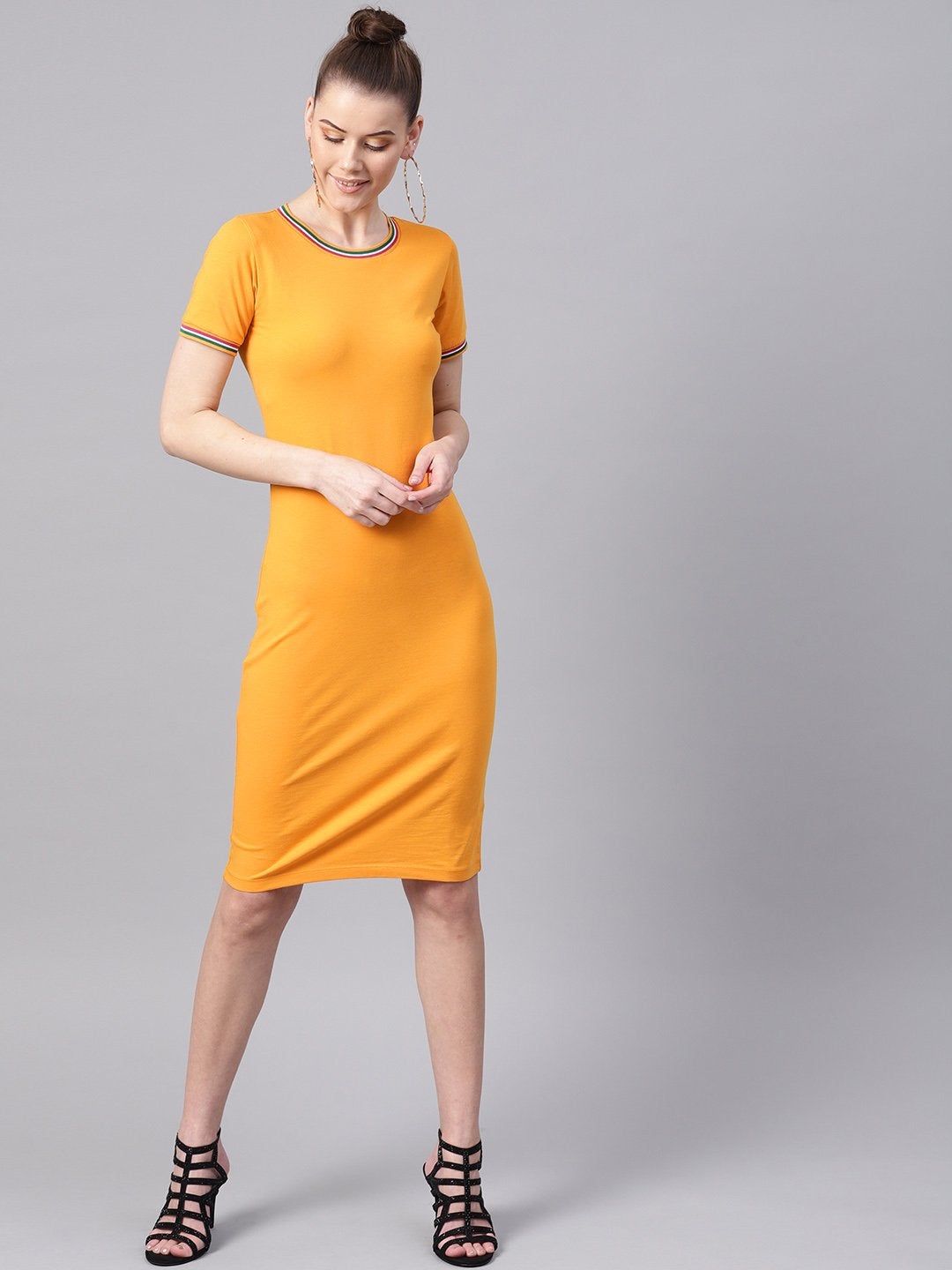 Women's Mustard Short Rib-Trim Athleisure Dress - SASSAFRAS