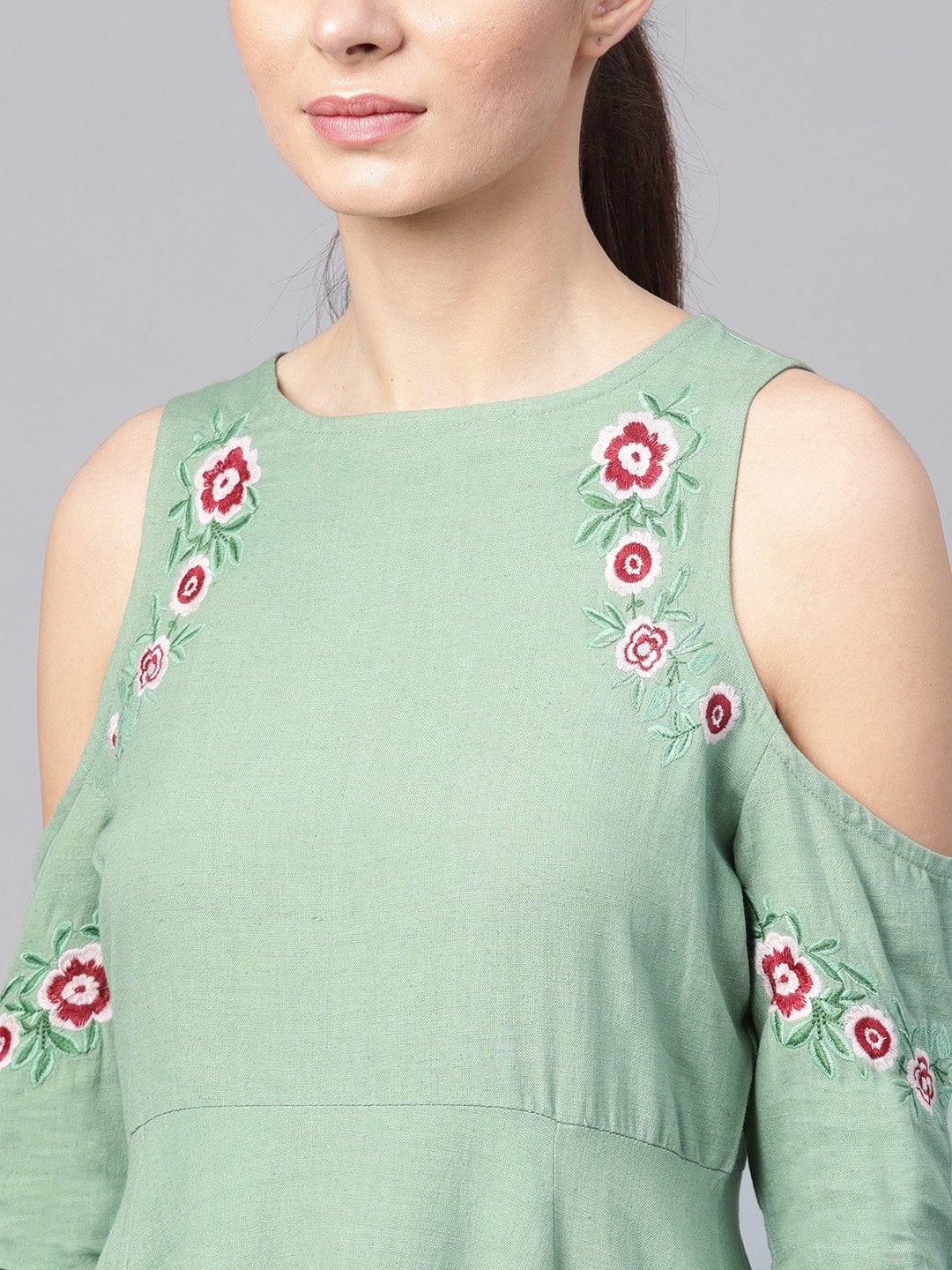 Women's Olive Embroidered Cold Shoulder Dress - SASSAFRAS