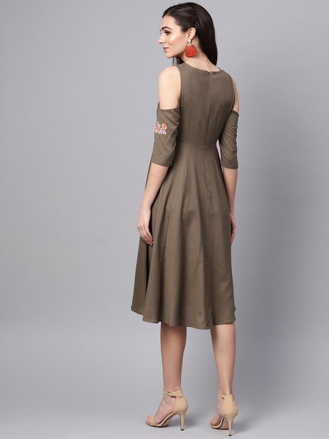 Women's Brown Embroidered Cold Shoulder Dress - SASSAFRAS