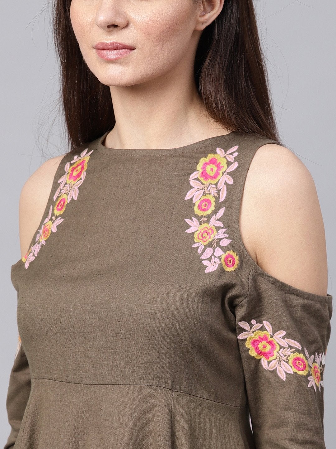 Women's Brown Embroidered Cold Shoulder Dress - SASSAFRAS