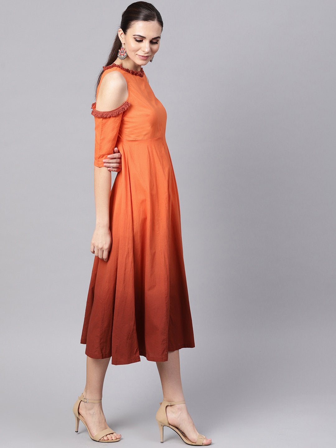 Women's Orange & Brown Ombre Cold Shoulder Maxi - SASSAFRAS