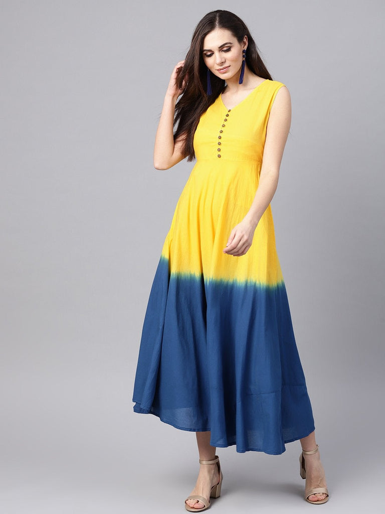 Women's Yellow & Navy Ombre Flared Maxi