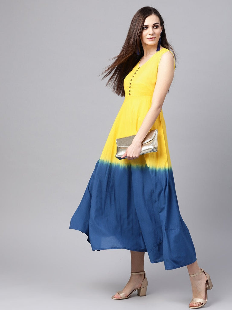 Women's Yellow & Navy Ombre Flared Maxi