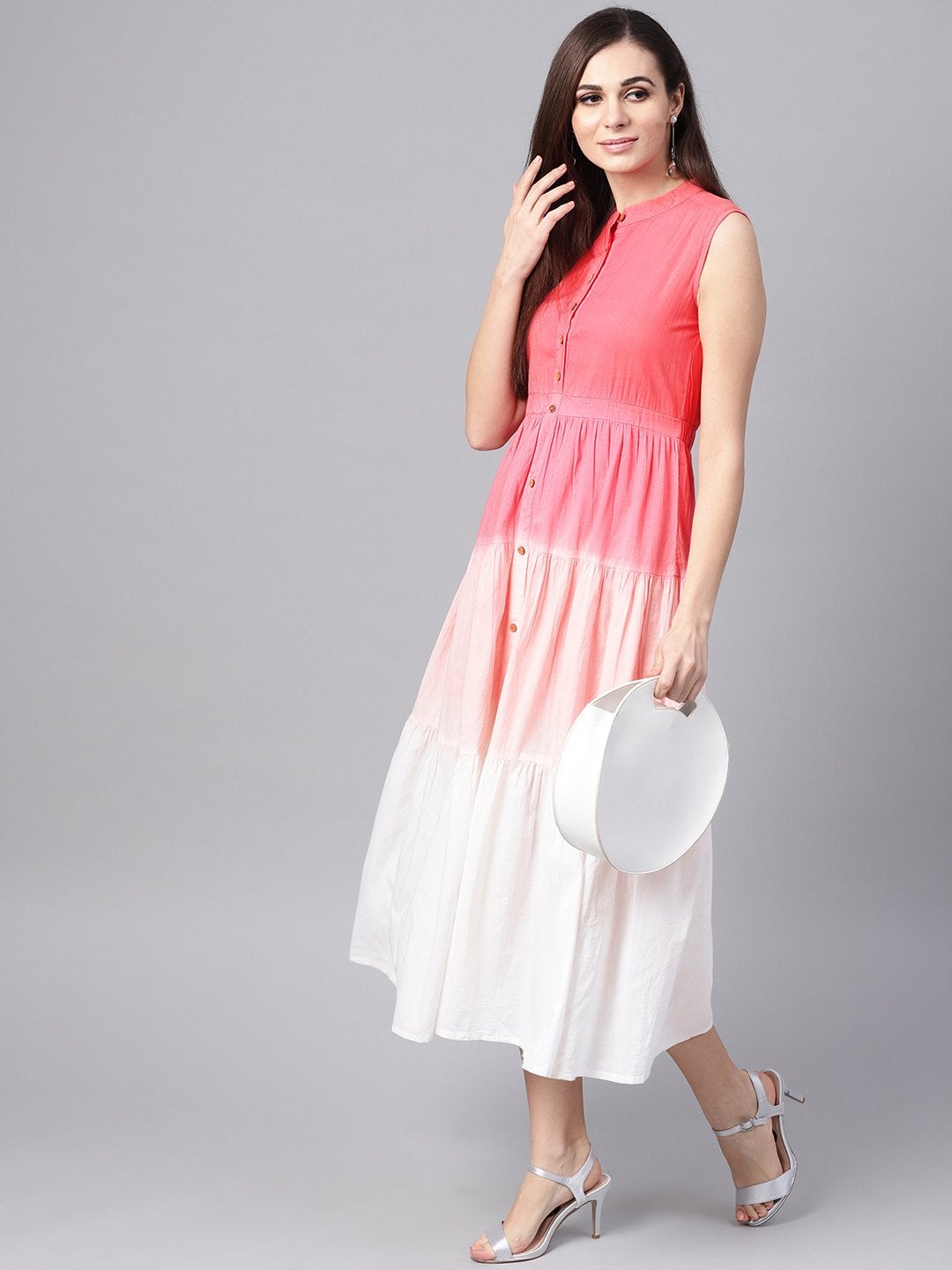 Women's Pink & White Ombre Front Button Maxi - SASSAFRAS