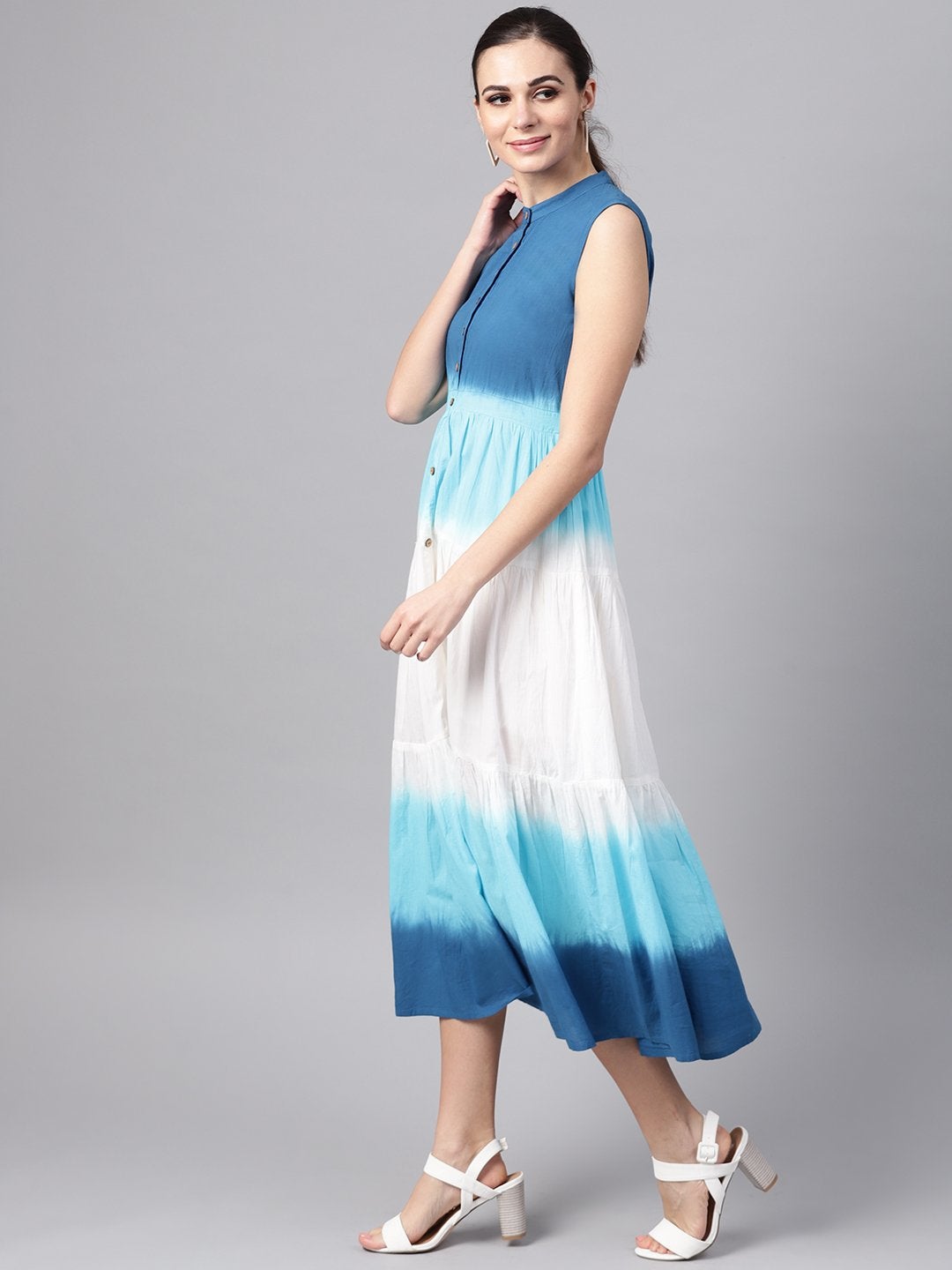 Women's Blue & White Ombre Front Button Maxi - SASSAFRAS