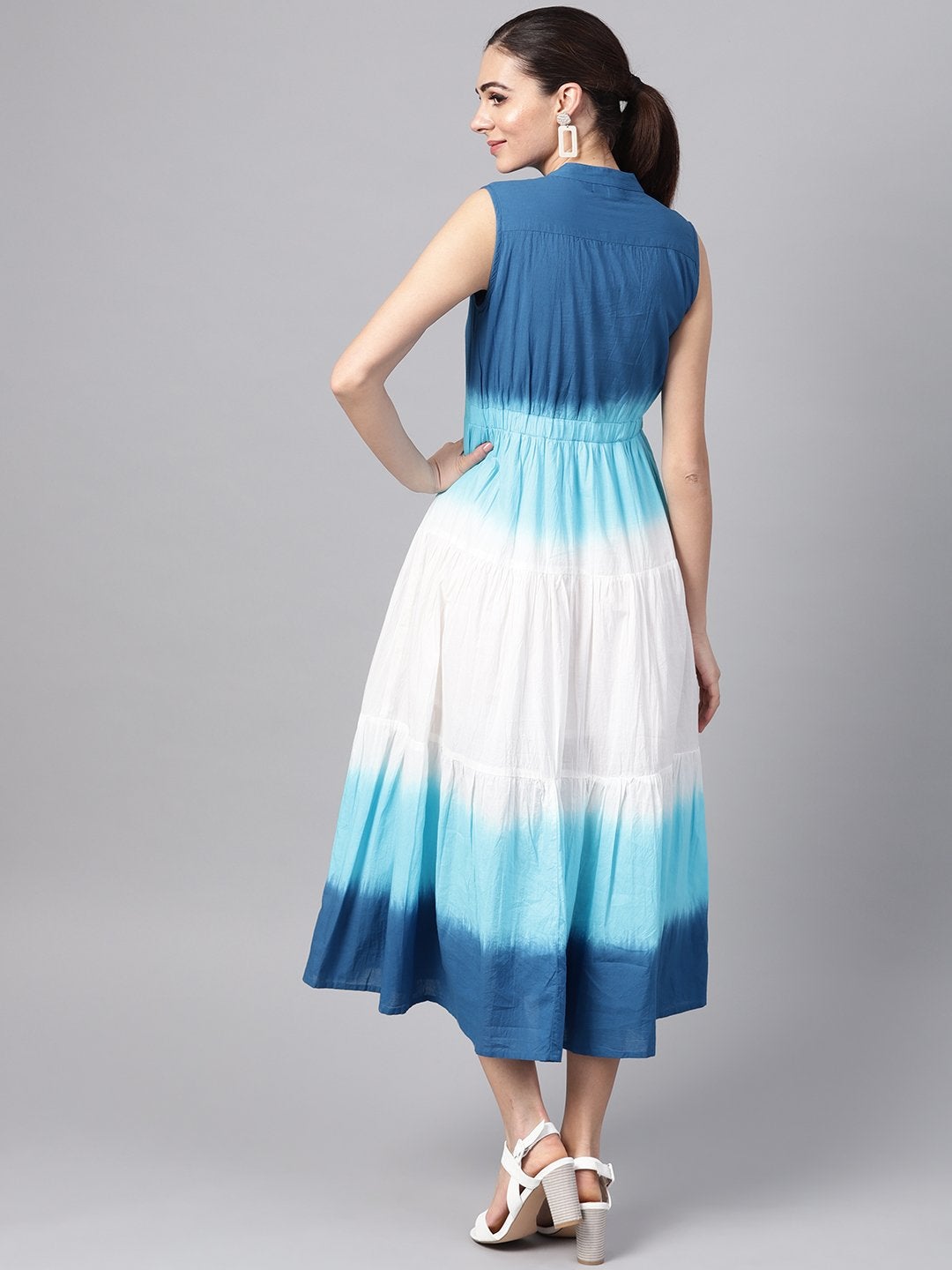 Women's Blue & White Ombre Front Button Maxi - SASSAFRAS