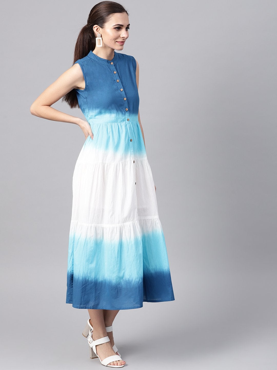 Women's Blue & White Ombre Front Button Maxi - SASSAFRAS