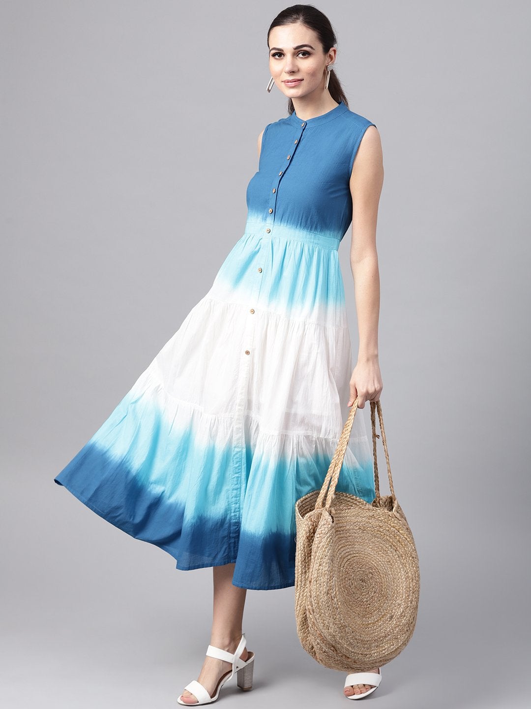 Women's Blue & White Ombre Front Button Maxi - SASSAFRAS