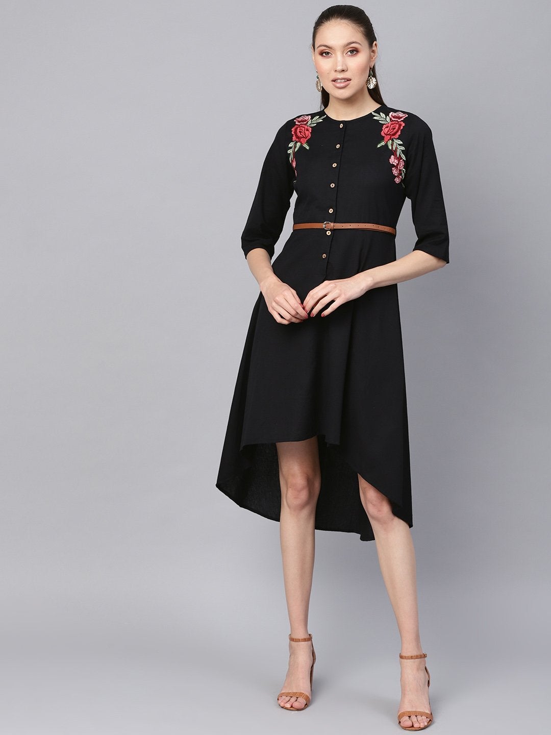 Women's Black Embroidered High Low Belted Dress - SASSAFRAS