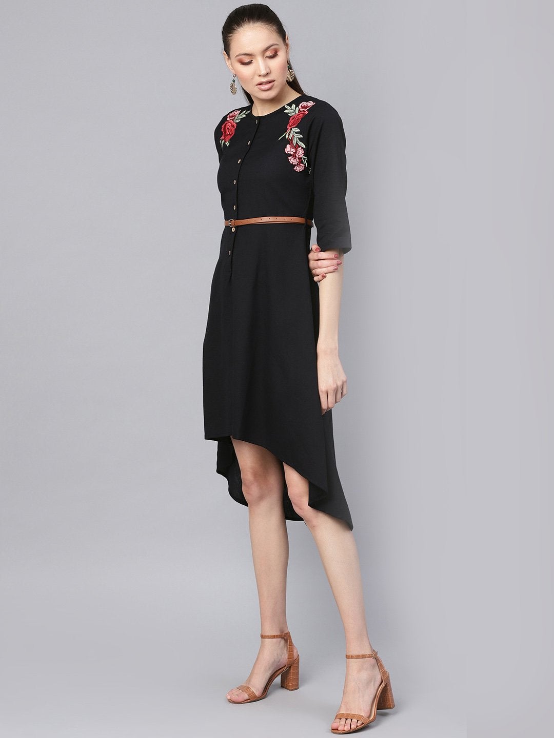 Women's Black Embroidered High Low Belted Dress - SASSAFRAS