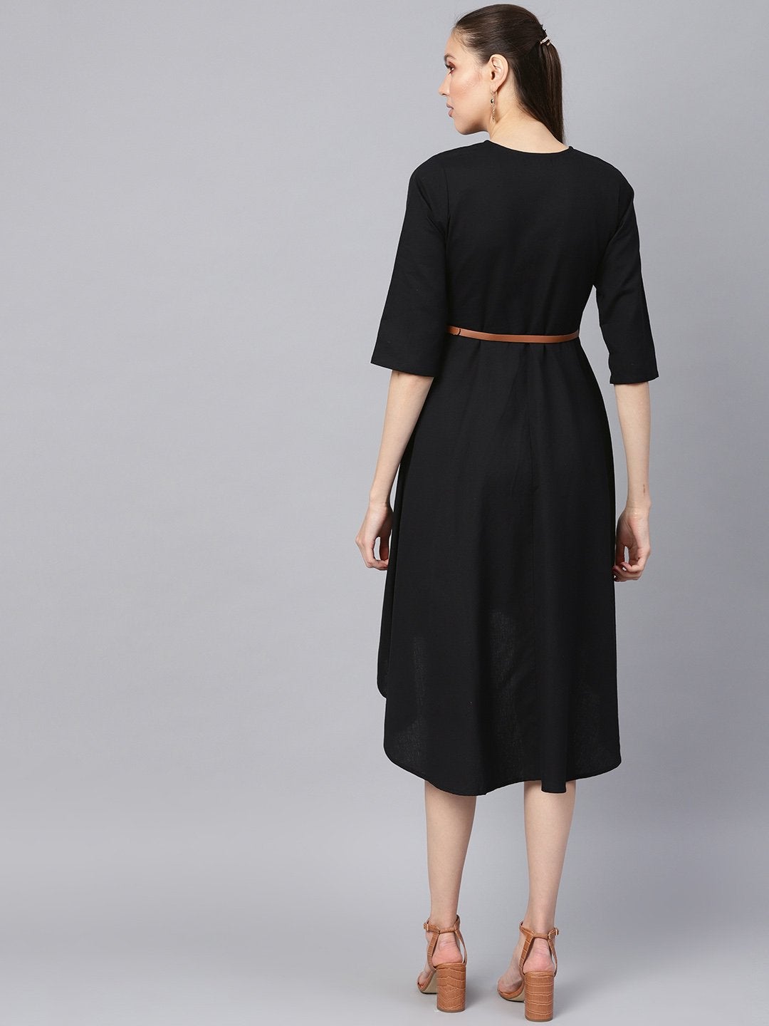 Women's Black Embroidered High Low Belted Dress - SASSAFRAS