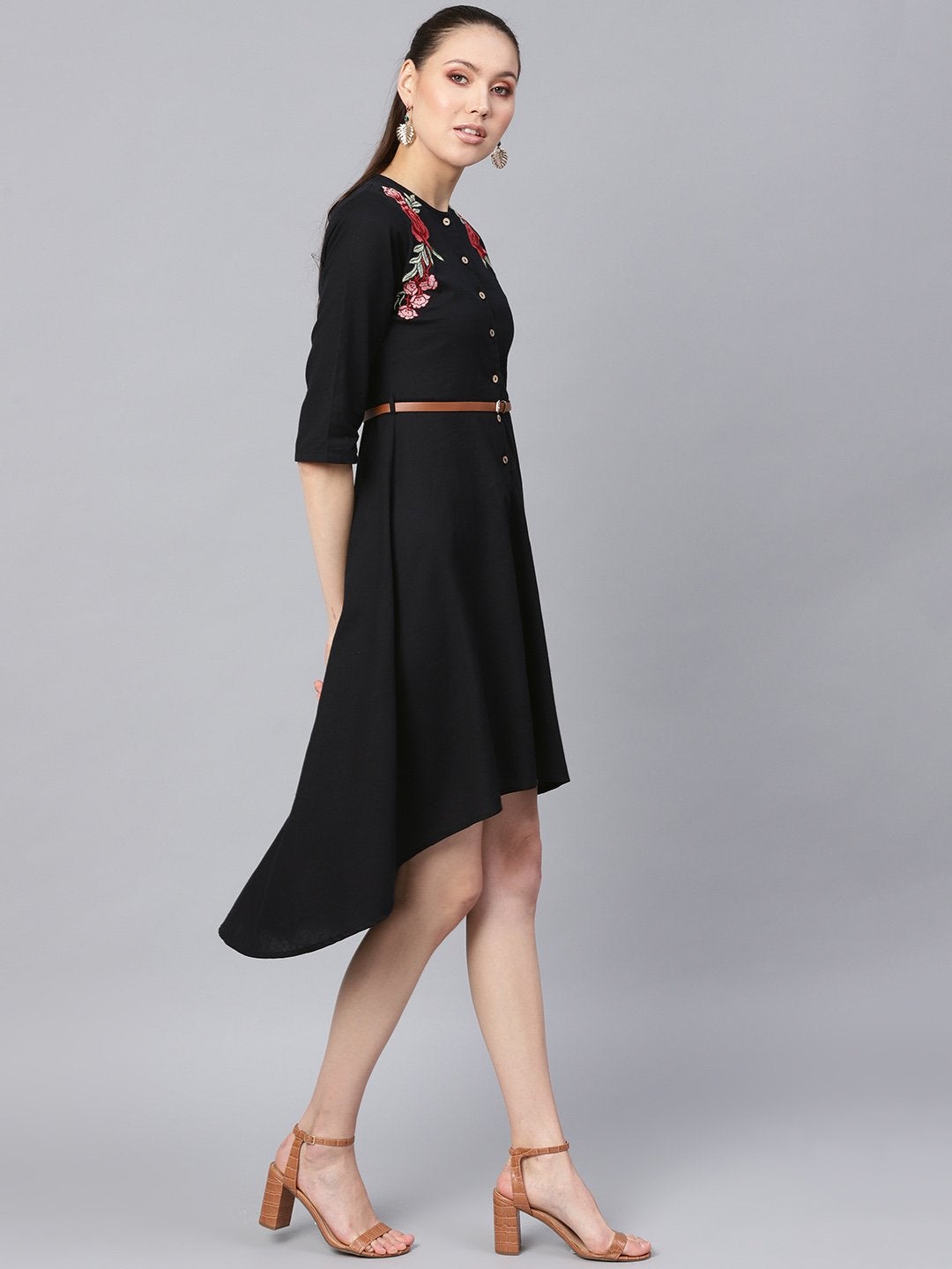 Women's Black Embroidered High Low Belted Dress - SASSAFRAS