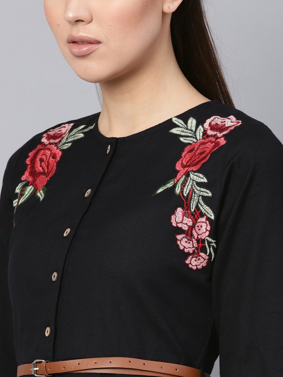 Women's Black Embroidered High Low Belted Dress - SASSAFRAS