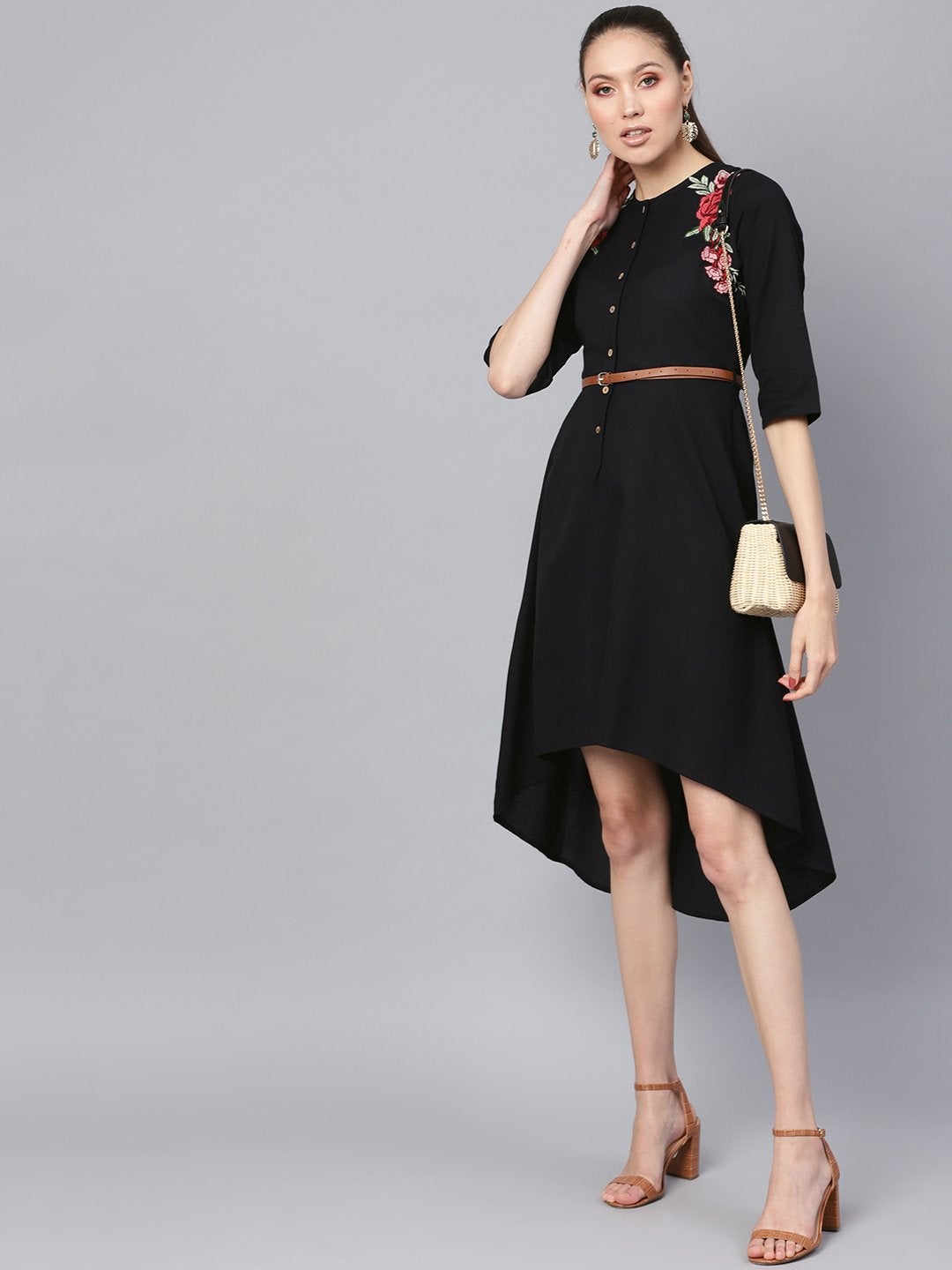 Women's Black Embroidered High Low Belted Dress - SASSAFRAS