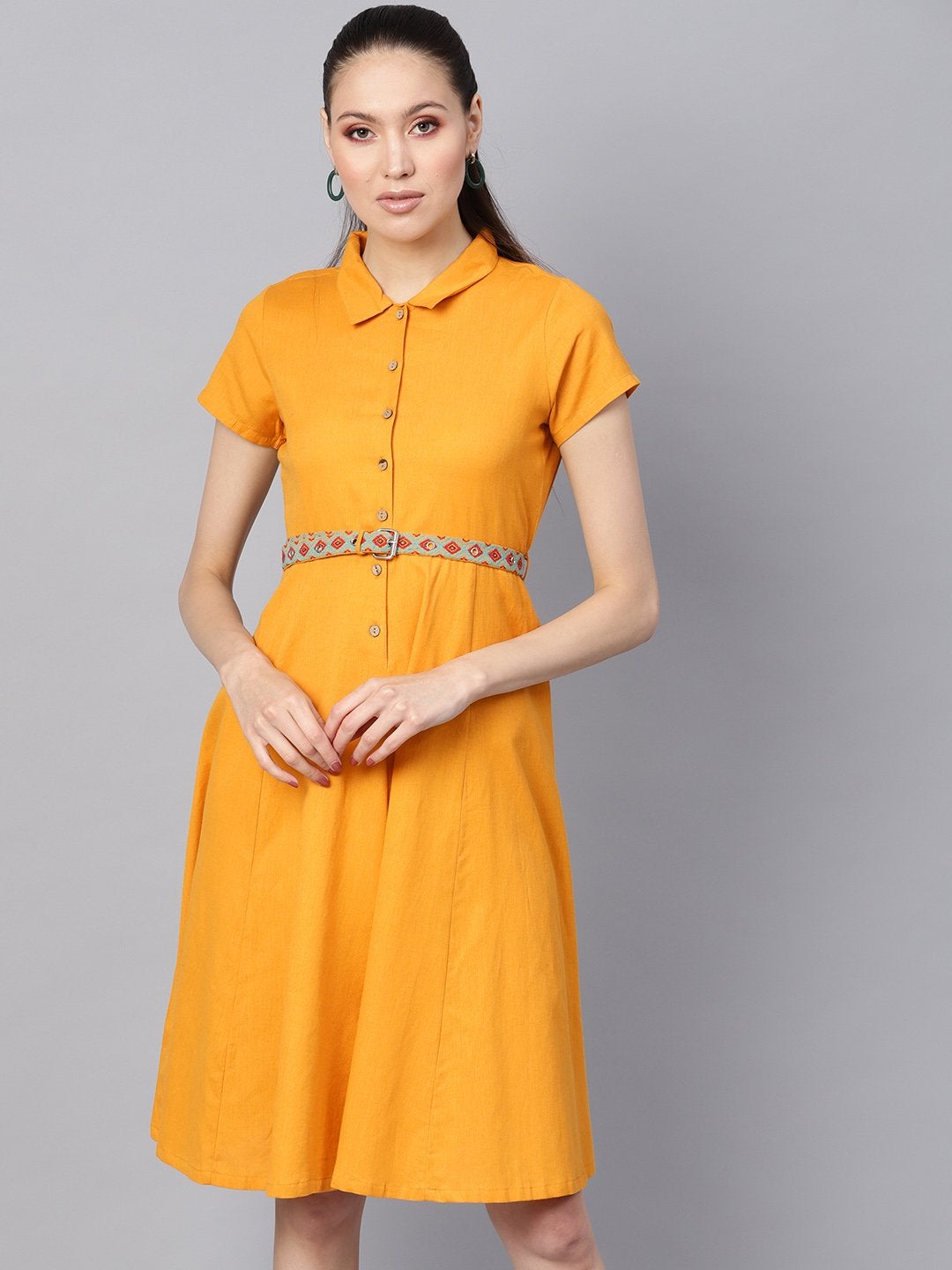 Women's Mustard Embroidered Belt Ethnic Midi Dress - SASSAFRAS